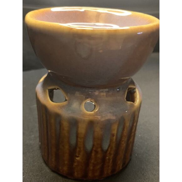 Glazed Brown and Blue Ceramic Oil Warmer with JR, 4" x 3" - Picture 1 of 4